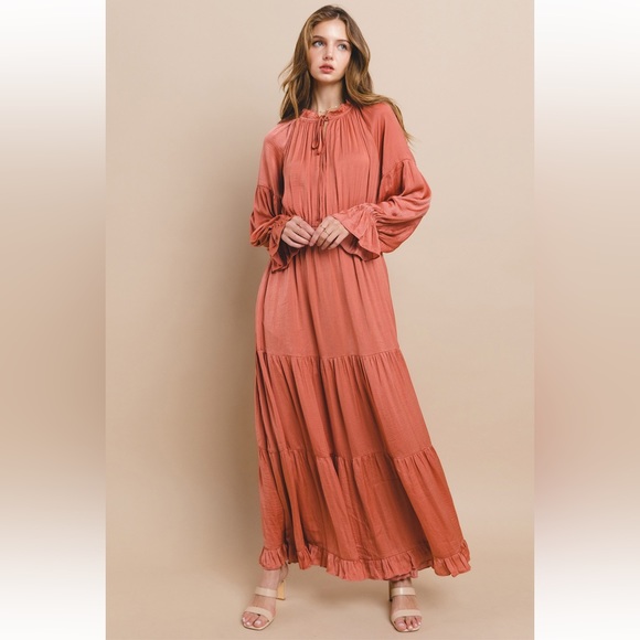 64 Beautiful Washed Satin Tie Front Tiered Maxi Dress - Picture 2 of 7